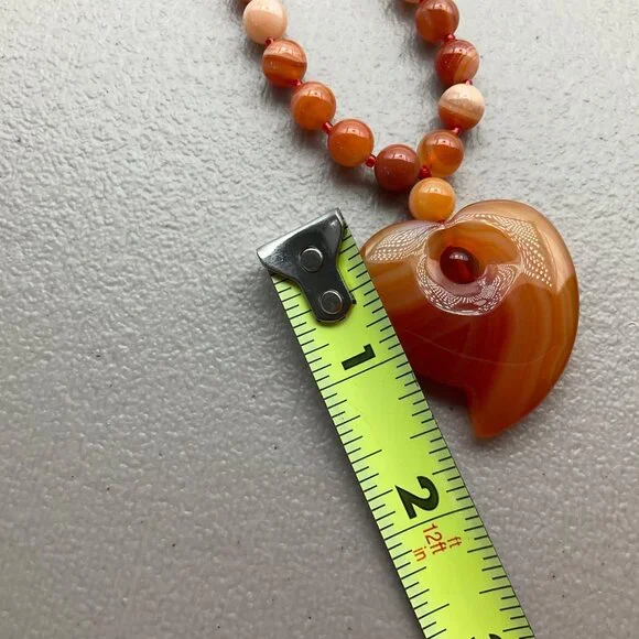 New Long Orange Agate Beaded Necklace Heart Pendant Engraving 15" - Picture 7 of 9